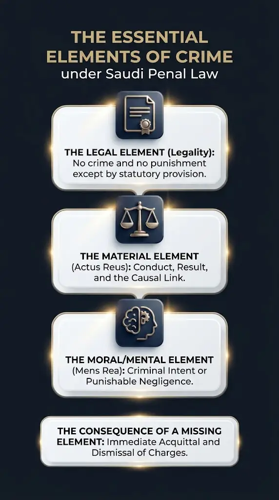Infographic illustrating the essential elements of crime under Saudi Penal Law, detailing the legal element, material element (Actus Reus), and moral element (Mens Rea).