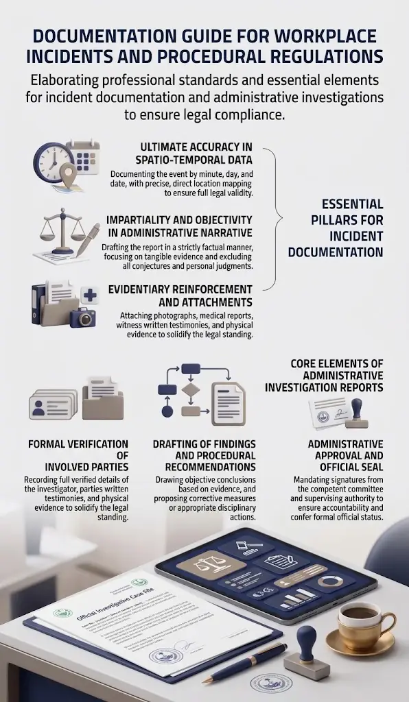 Infographic guide illustrating essential pillars and procedural steps for workplace incident documentation and legal compliance in Saudi establishments.