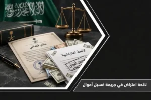 صورة بارزة لمقال لائحة اعتراض في جريمة غسيل أموال تظهر وثائق قضائية وميزان العدالة