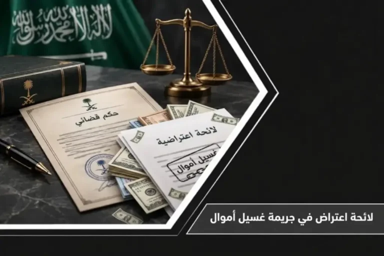 صورة بارزة لمقال لائحة اعتراض في جريمة غسيل أموال تظهر وثائق قضائية وميزان العدالة