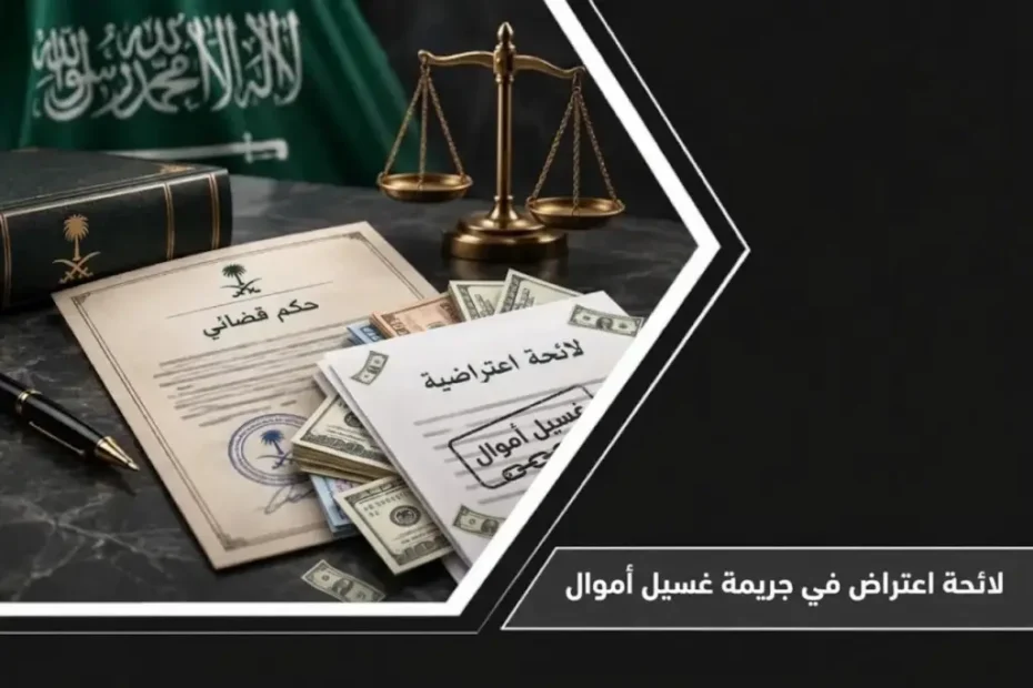 صورة بارزة لمقال لائحة اعتراض في جريمة غسيل أموال تظهر وثائق قضائية وميزان العدالة